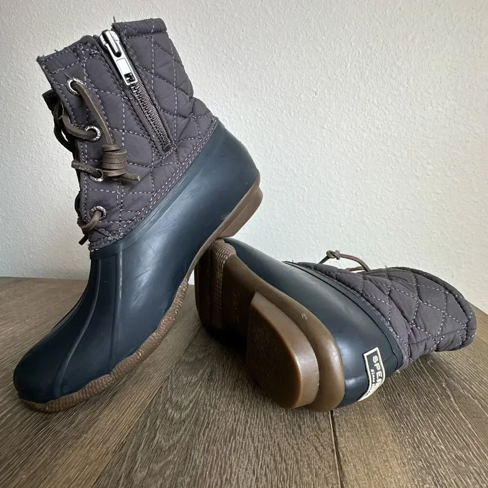 Sperry Saltwater Quilted Duck Boots Waterproof Gray Navy Women's Size 6
